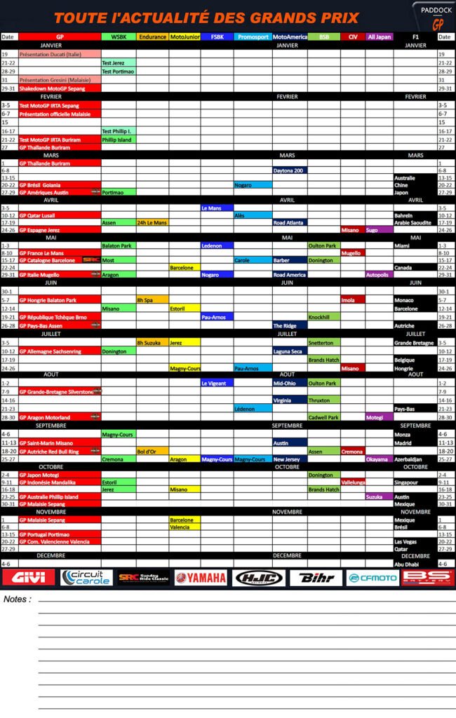 Calendrier 2026 à imprimer : MotoGP, Superbike, Endurance, MotoJunior, FSBK, Promosport, MotoAmerica, BSB, CIV, All Japan et F1 ! (V1)
